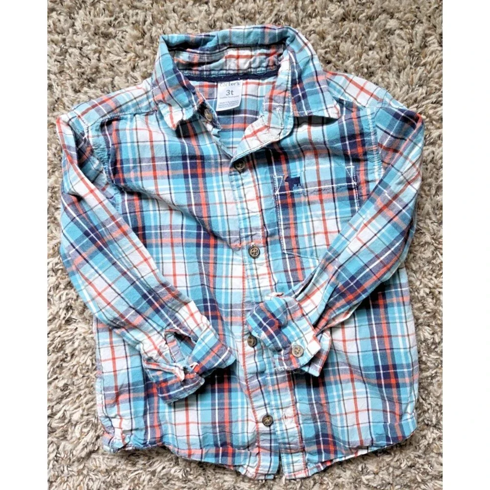 Carters Button Up Shirt Boys Size 3 T  Plaid Long Sleeve Collar Top